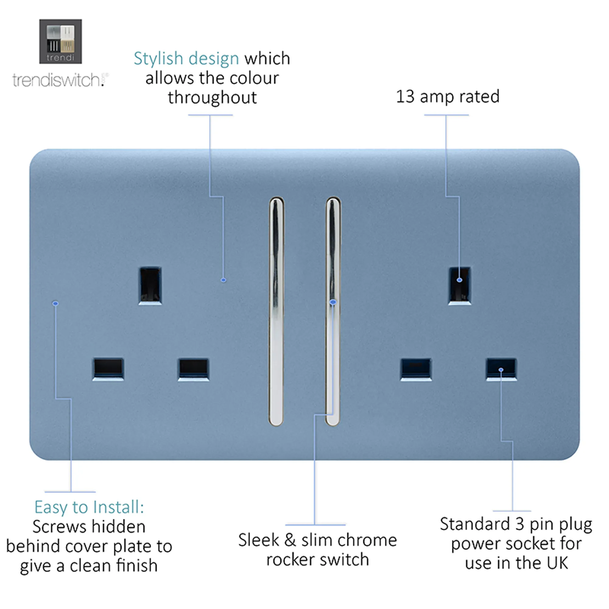 2 Gang 13Amp Long Switched Double Socket Sky ART-SKT213LSK  Trendi Sky
